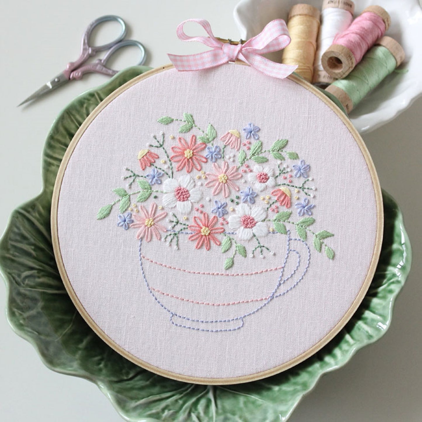 Tea Time Posy stitchery with pre-printed pale pink linen Molly & Mama paper pattern