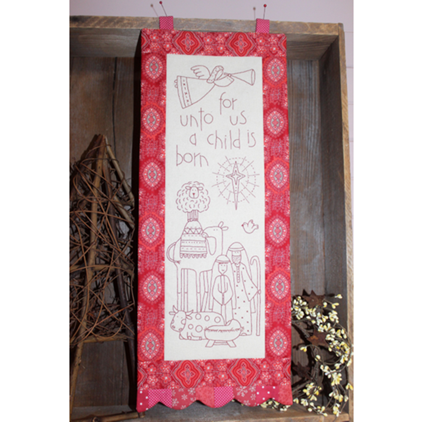 The Nativity pre-printed stitchery embroidery Christmas wallhanging Birdhouse pattern