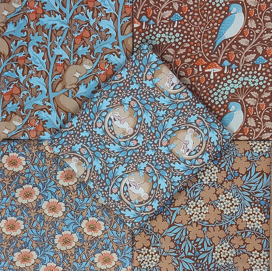 Tilda Hibernation brown bundle - 5, Fat 16's 10" x 10.5"  cotton quilt fabric