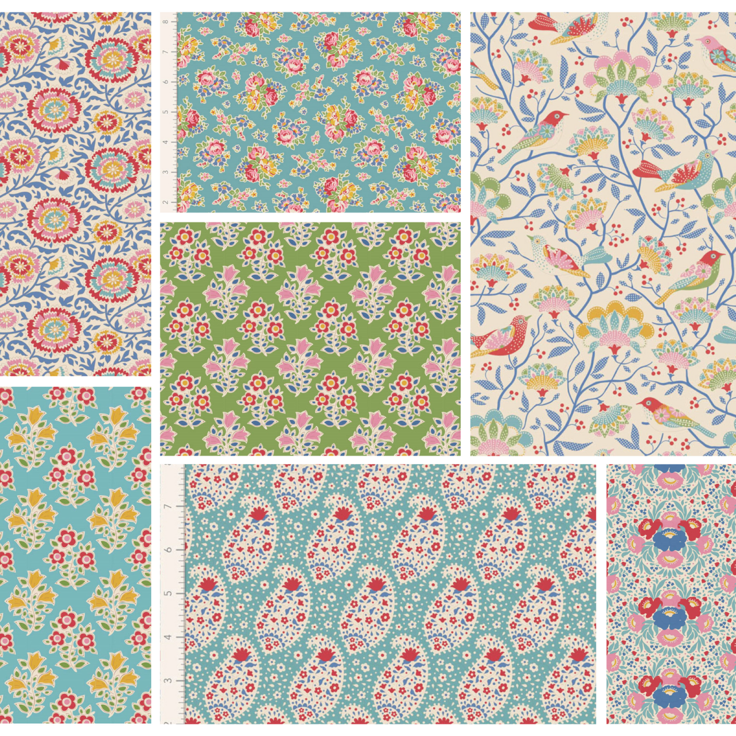 Tilda Jubilee and Flower Farm floral cream teal bundle 7 Fat Quarters cotton quilt fabric
