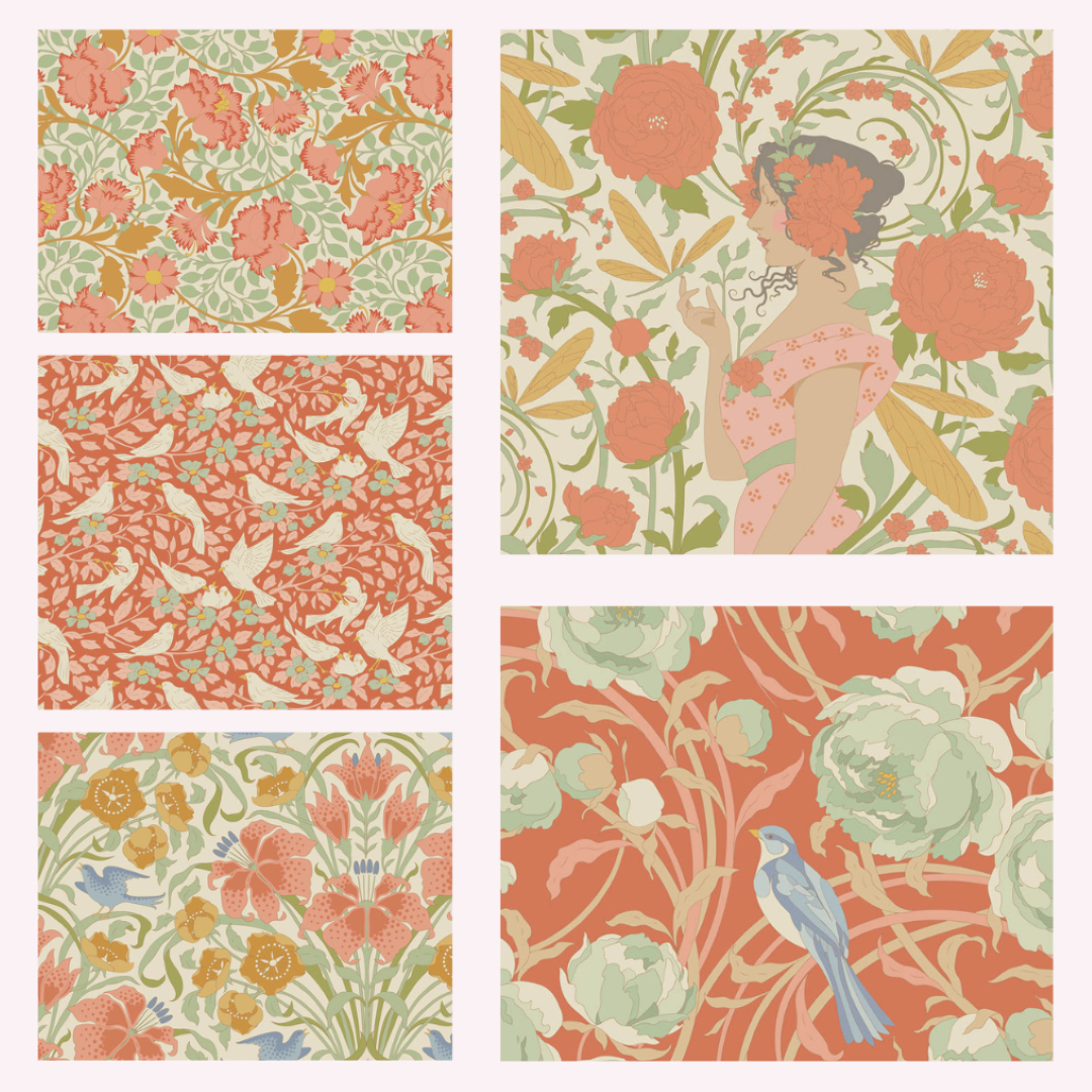 Tilda Songbird bundle 5 Coral Fat Eighths 25cm x 55cm (10 x 22") cotton quilt fabric