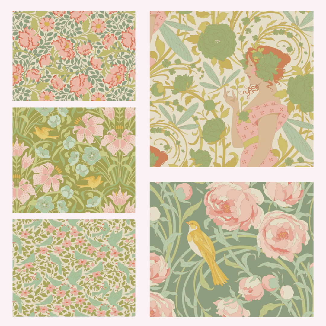 Tilda Songbird bundle 5 Green Fat Eighths 25cm x 55cm (10 x 22") cotton quilt fabric