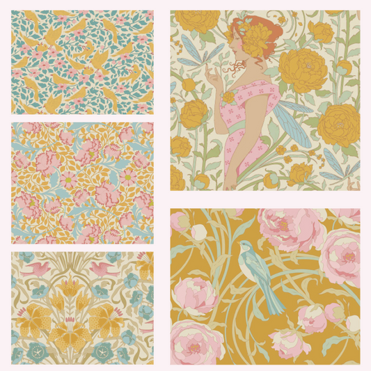 Tilda Songbird bundle 5 Mustard Fat Eighths 25cm x 55cm (10 x 22") cotton quilt fabric