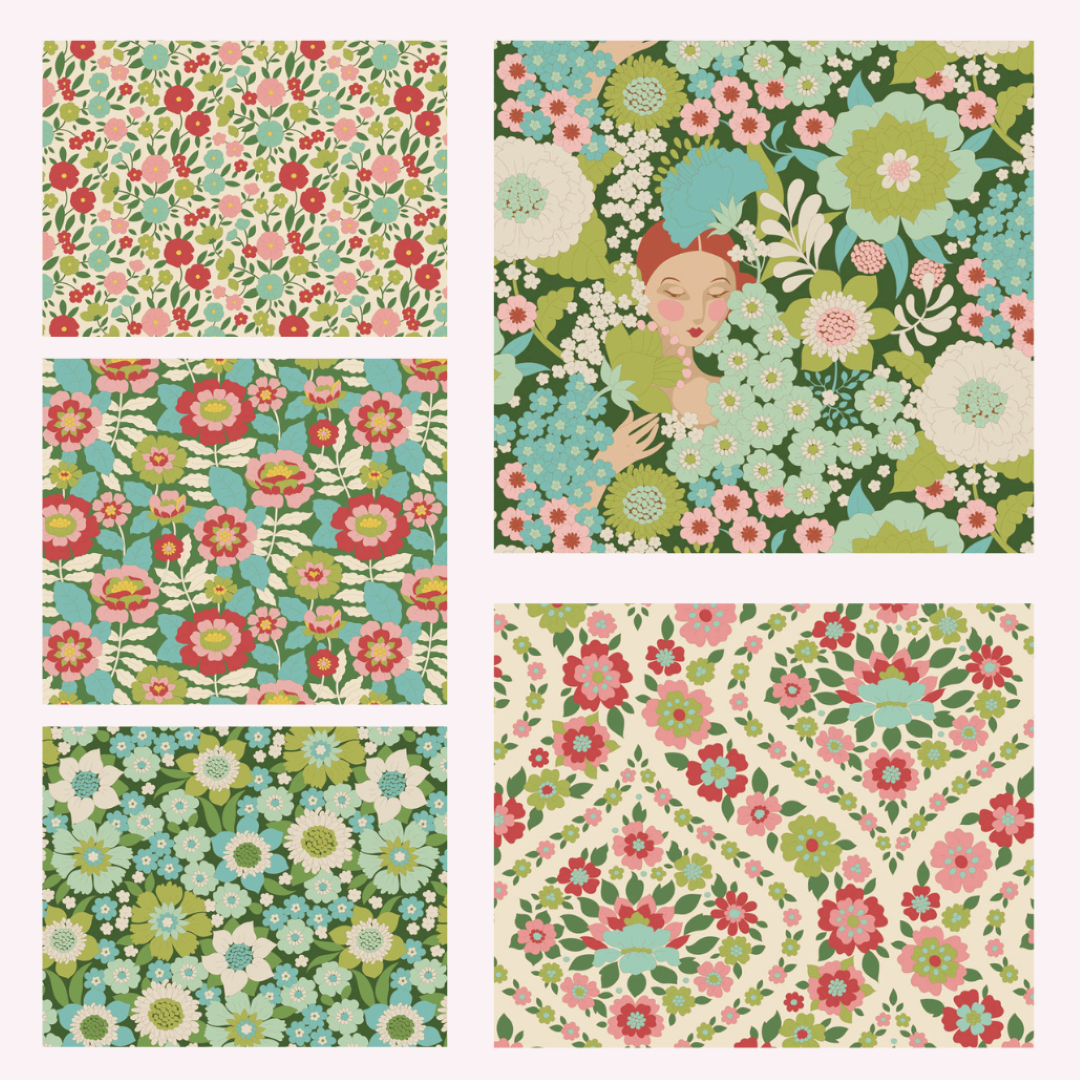 Tilda Wallflower Green bundle 5 Fat 16ths 25cm x 26cm (10 x 10.5") cotton quilt fabric