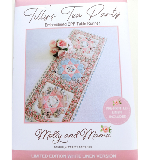 Tilly's Tea Party table runner English Paper Pieced pre-printed white linen embroidery Molly & Mama pattern