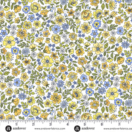 Country Cuttings wildflowers meadow yellow blue floral Makower UK cotton quilt fabric