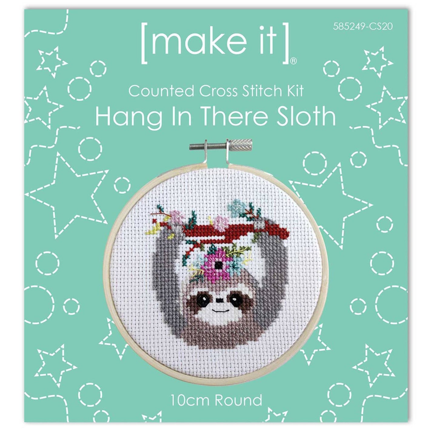 Counted Cross stitch Hang in There sloth with threads, hoop, 14 count Aida craft kit suit beginners