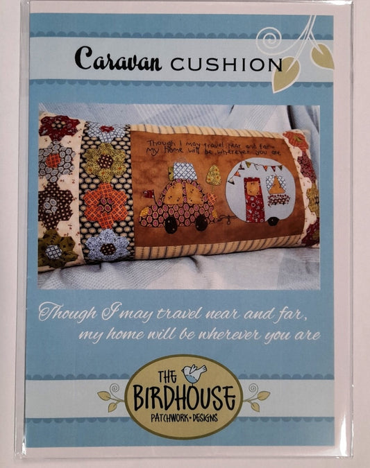 Caravan Cushion EPP hexagons, applique embroidery Birdhouse pattern