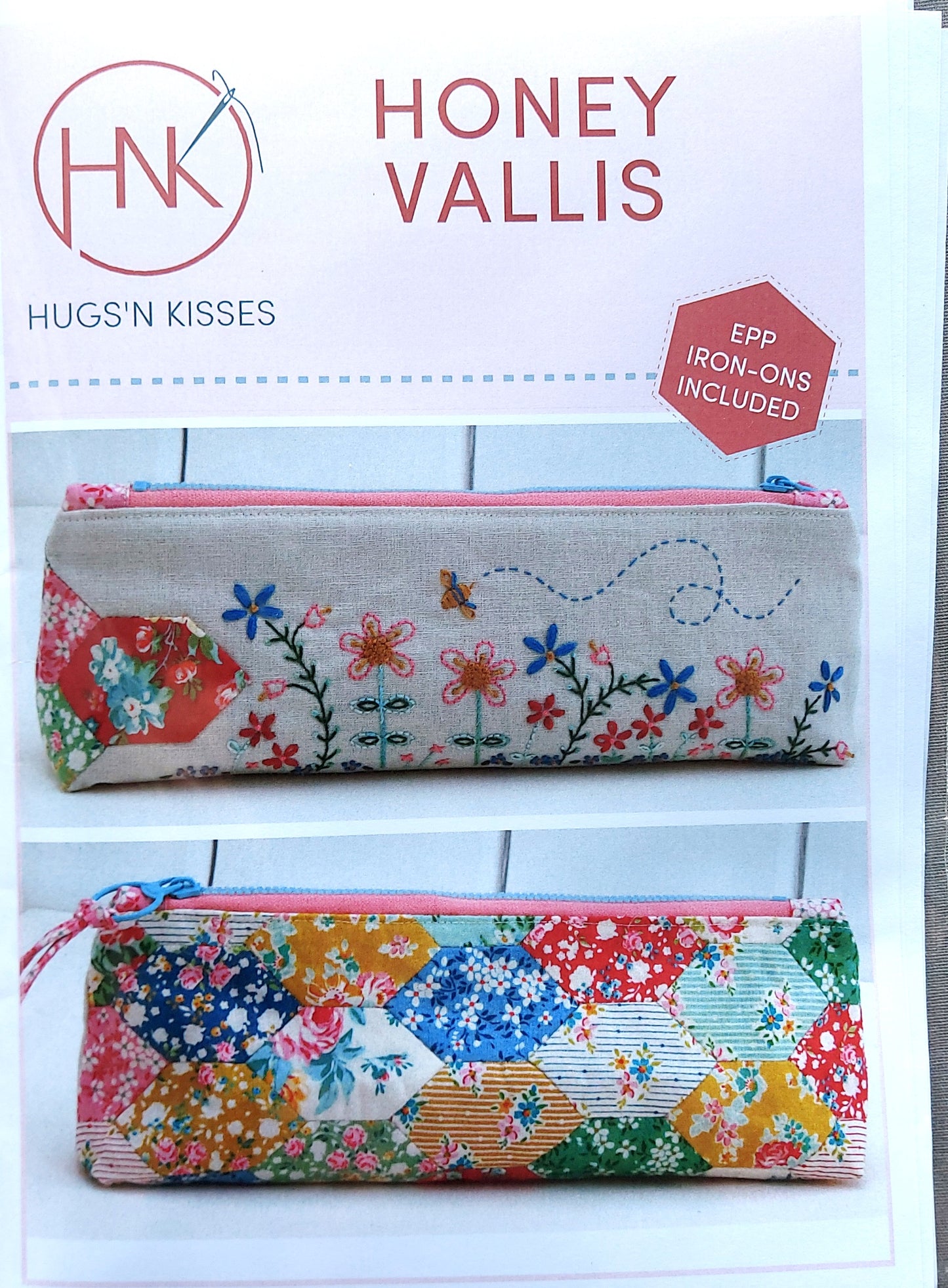 Honey Vallis zipper pencil case pouch EPP embroidery Hugs 'N Kisses pattern with fusible papers