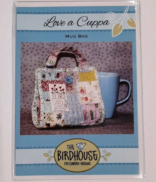 Love a Cuppa embroidered boro patchwork mug bag Birdhouse pattern